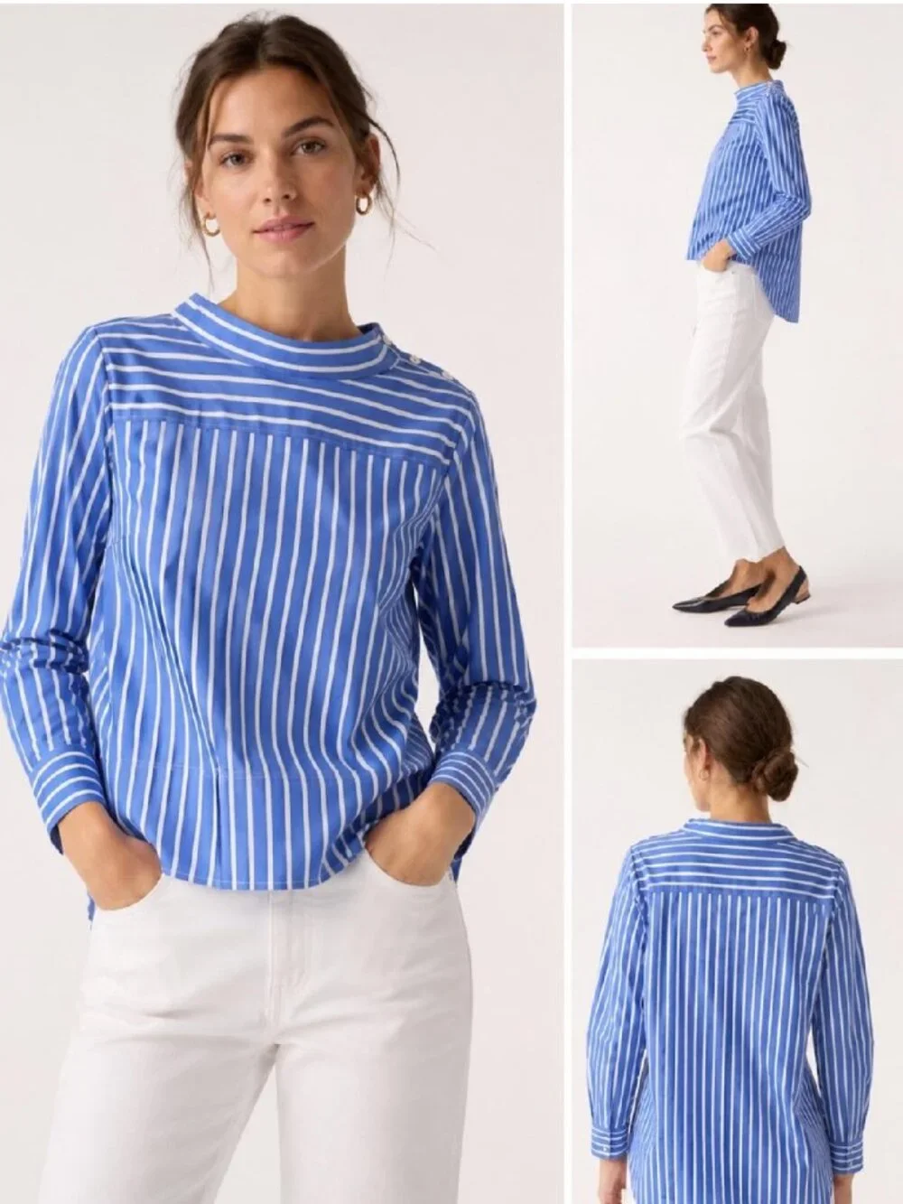 J. Crew Blue White Striped Cotton Blouse Top Button Shoulder High Low Hem 4